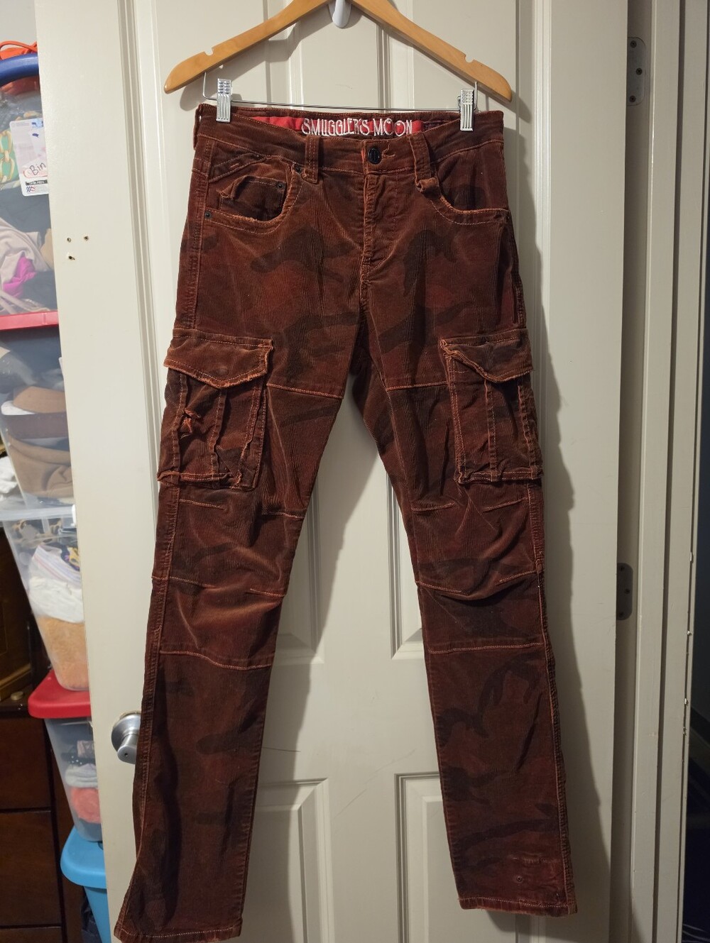 Smuggler's Moon Slim Straight Camo Corduroy Stretch Jeans in burnt orange 30W